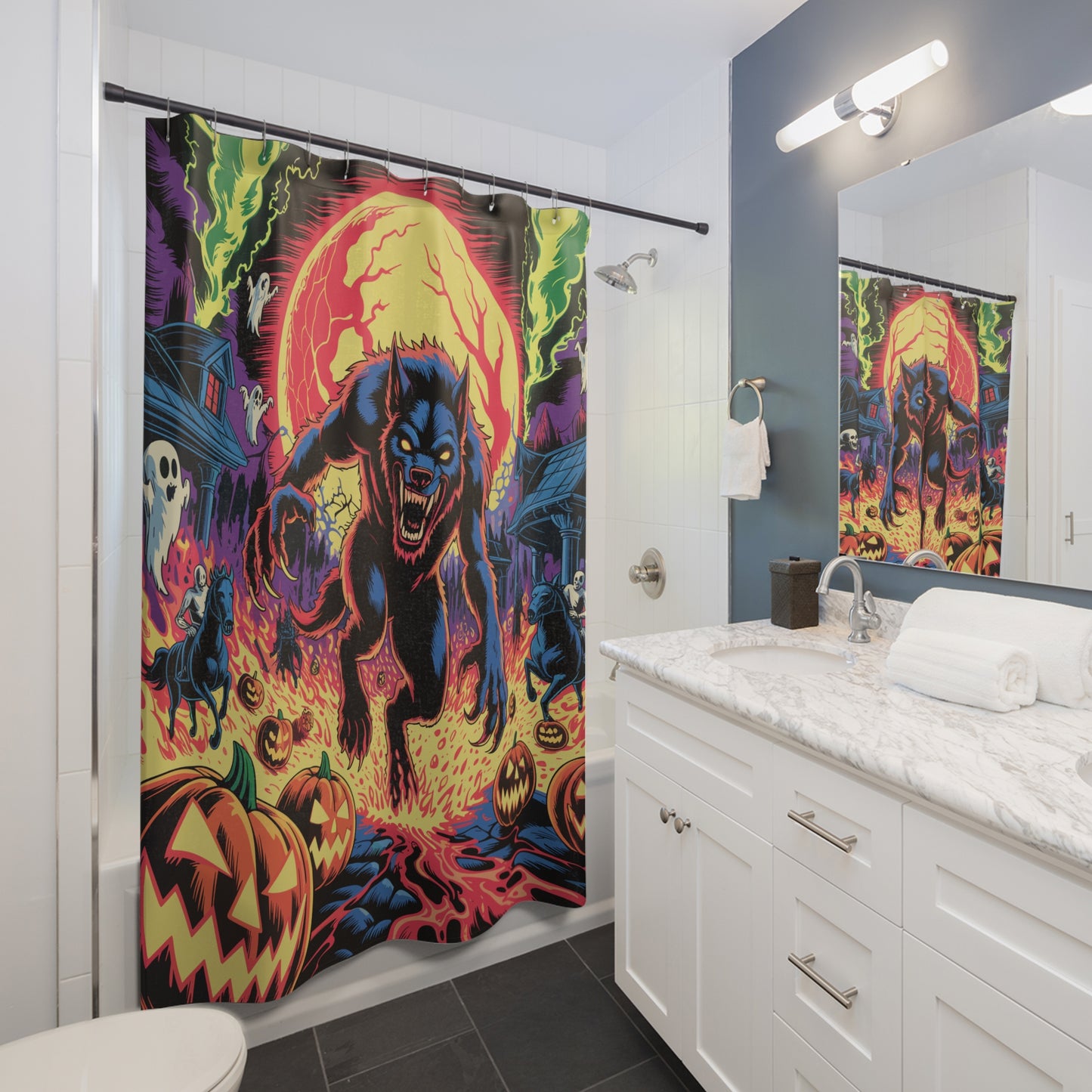 Spooktacular Halloween Shower Curtain, Gothic Decor, Werewolf Bathroom Accessory, Halloween Party Decor, Unique Gift Idea