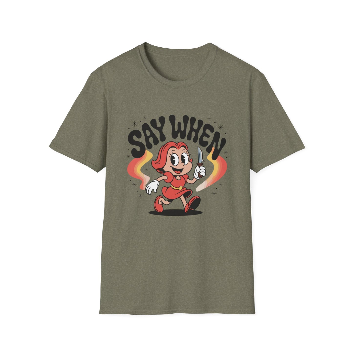 Miss Stabby Say When T-Shirt Funny Retro Cartoon Knife Girl Tee
