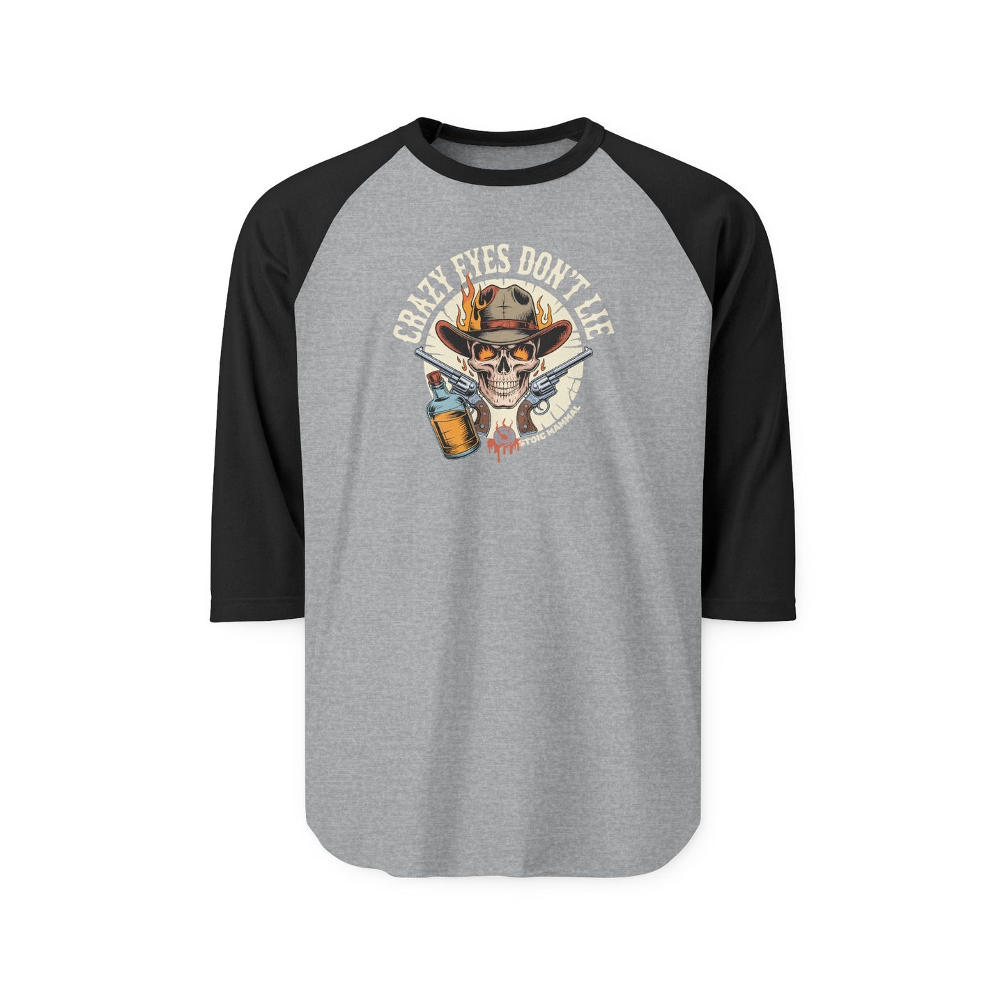 Copy of Crazy Eyes Can't Lie Stoic Mammal Album Skull Whiskey Guns Tattoo Style Raglan Shirt