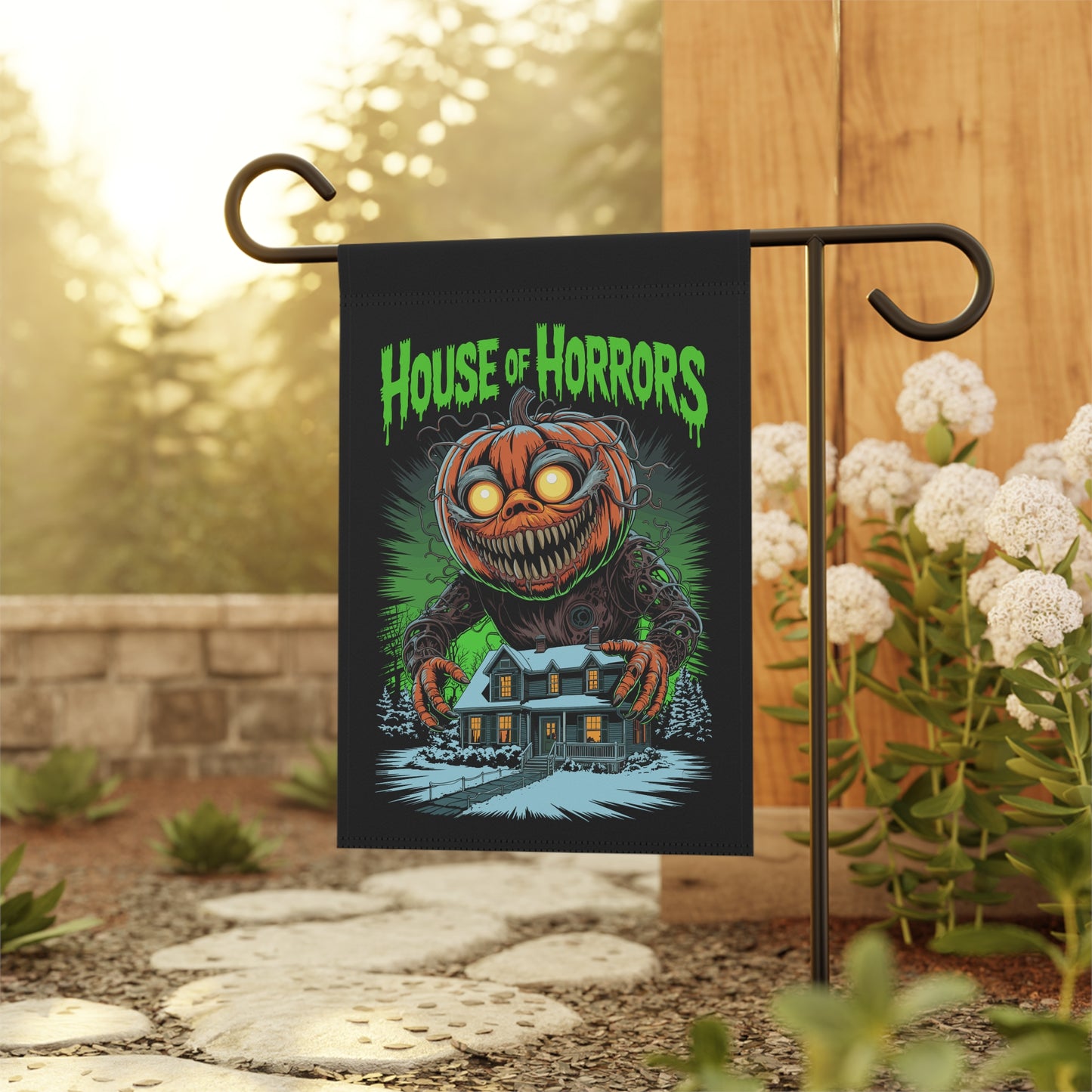 House Of Horrors Halloween Garden Banner, Spooky Outdoor Decor, Fall Flag, Yard Art, Pumpkin Decorations