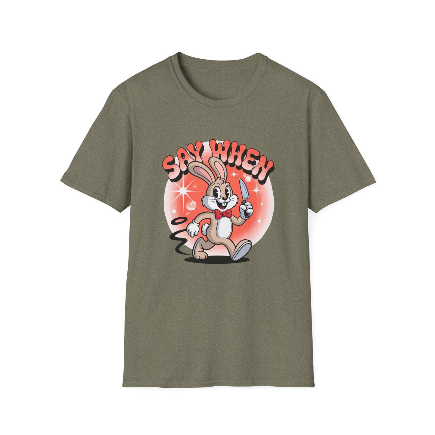 Stabbit the Rabbit “Say When” T-Shirt – Retro Funny Bunny with Knife Graphic Tee
