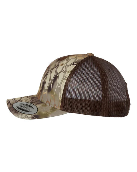 Hooked and Hunted Pebble Leatherette Patch Kryptex Camo 6 Panel Mesh Trucker Hat