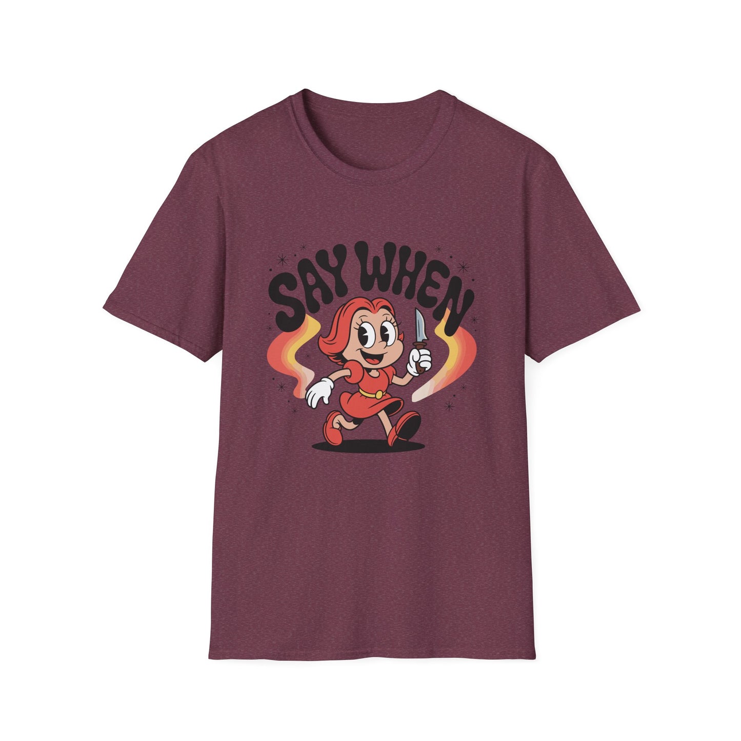 Miss Stabby Say When T-Shirt Funny Retro Cartoon Knife Girl Tee