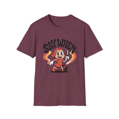 Miss Stabby Say When T-Shirt Funny Retro Cartoon Knife Girl Tee