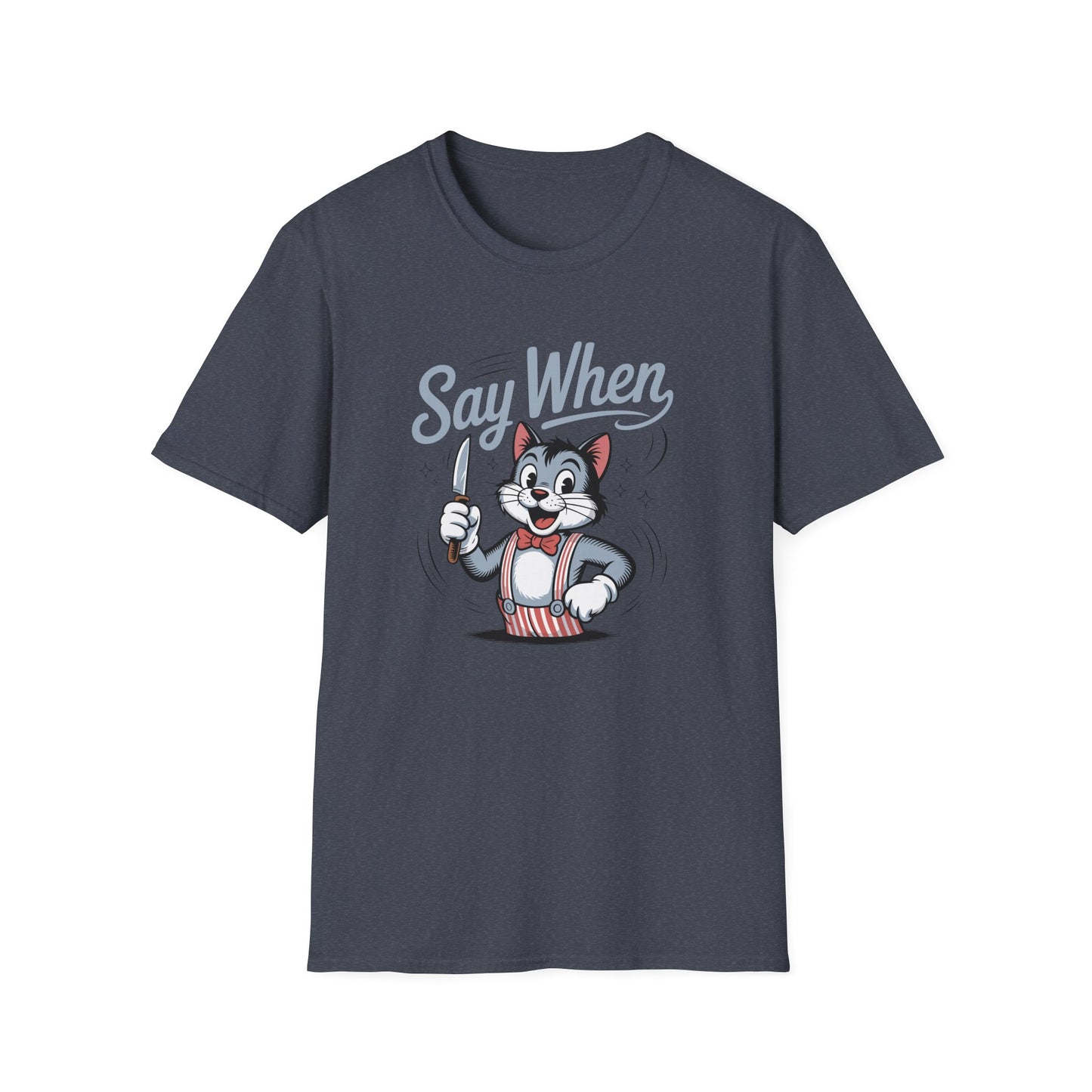 Whisker Jack Say When T-Shirt  Retro Cat Cartoon Knife Tee
