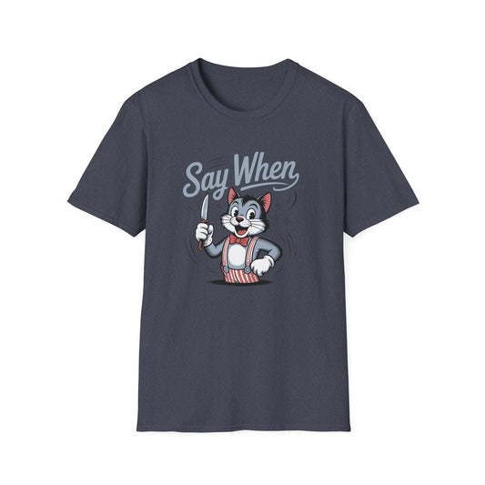 Whisker Jack Say When T-Shirt  Retro Cat Cartoon Knife Tee