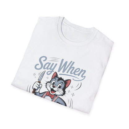 Whisker Jack Say When T-Shirt  Retro Cat Cartoon Knife Tee