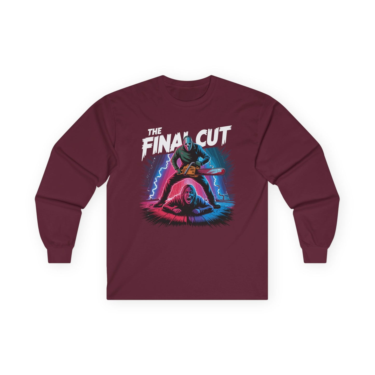 Final Cut Slasher LongSleeve Halloween T Shirt Retro 80s Horror Chainsaw Graphic Tee