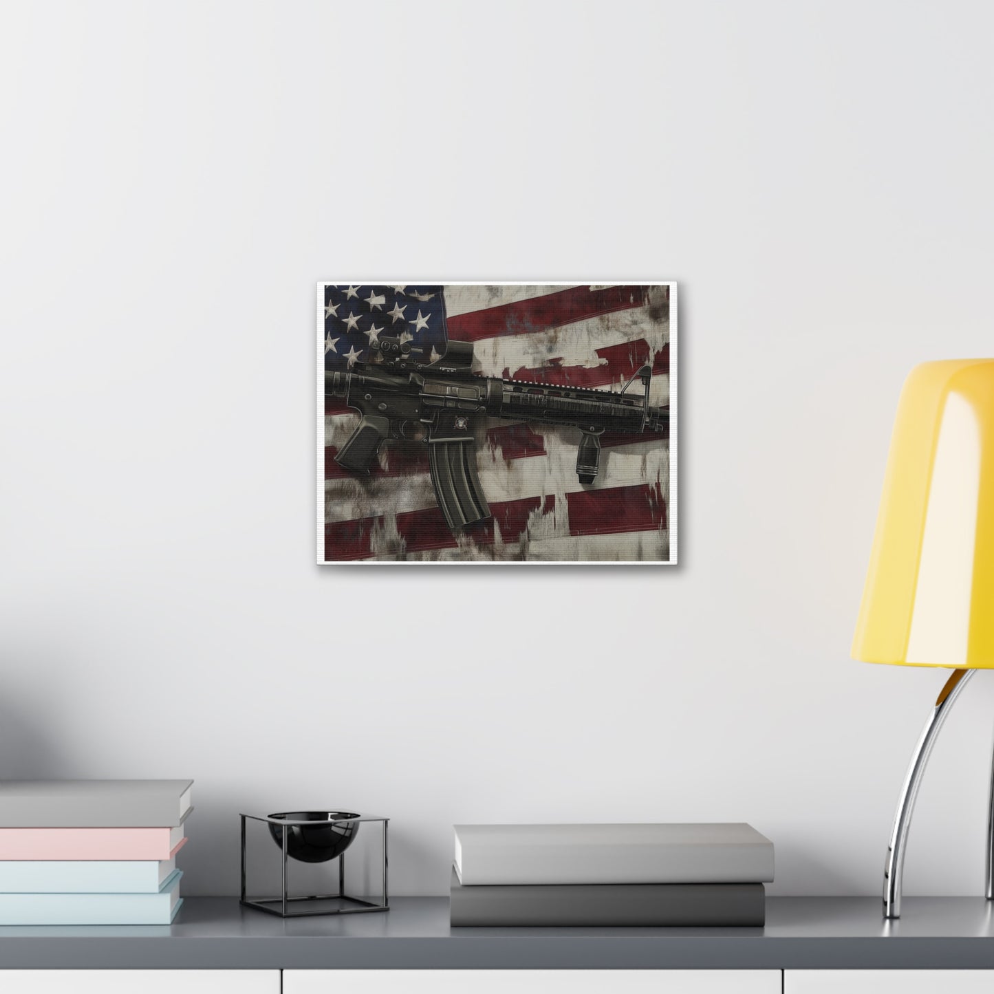 AR Style Rifle with Distressed Vintage American Flag Canvas (No Frame)