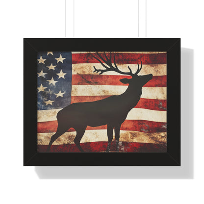 Distressed Vintage American Flag w/ Deer Silhouette Framed Horizontal Poster