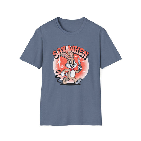 Stabbit the Rabbit “Say When” T-Shirt – Retro Funny Bunny with Knife Graphic Tee