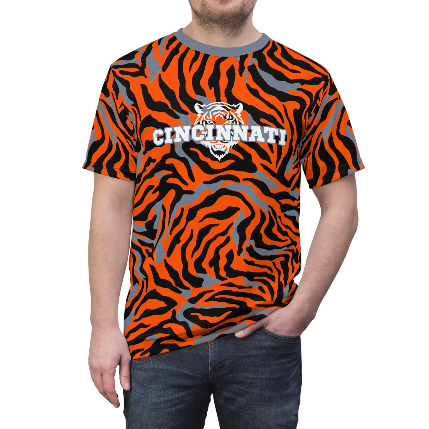 Cincinnati Fan Tiger Stripe Football Unisex Cut & Sew Tee