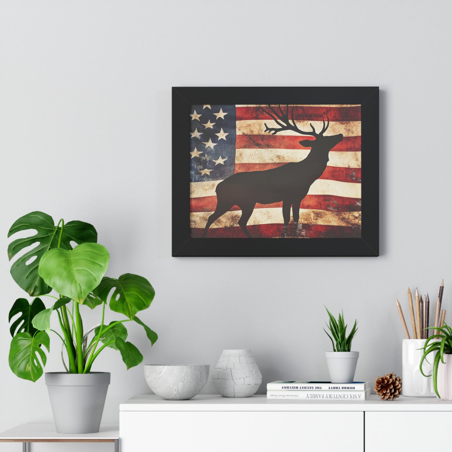 Distressed Vintage American Flag w/ Deer Silhouette Framed Horizontal Poster