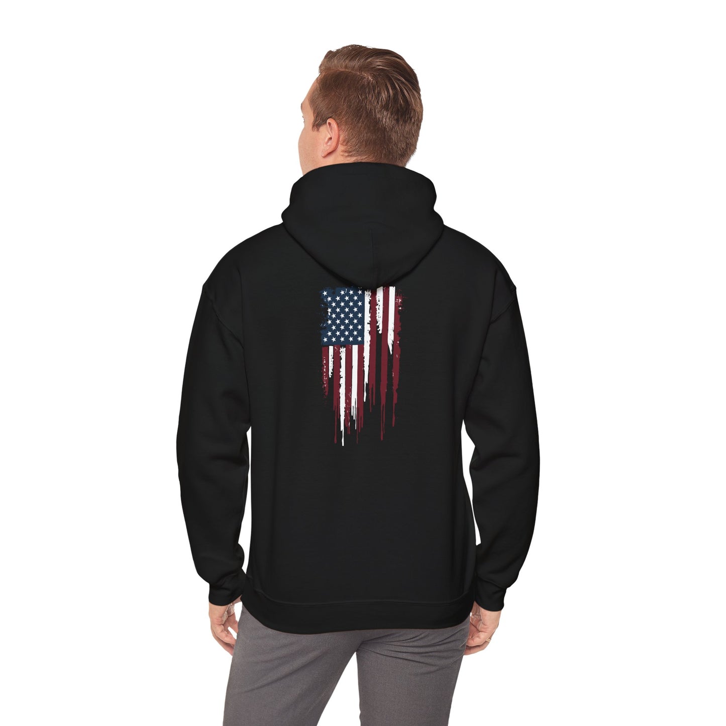 Distressed Grungy American  Back Piece Flag Stoic Mammal Unisex Heavy Blend™ Hooded Sweatshirt