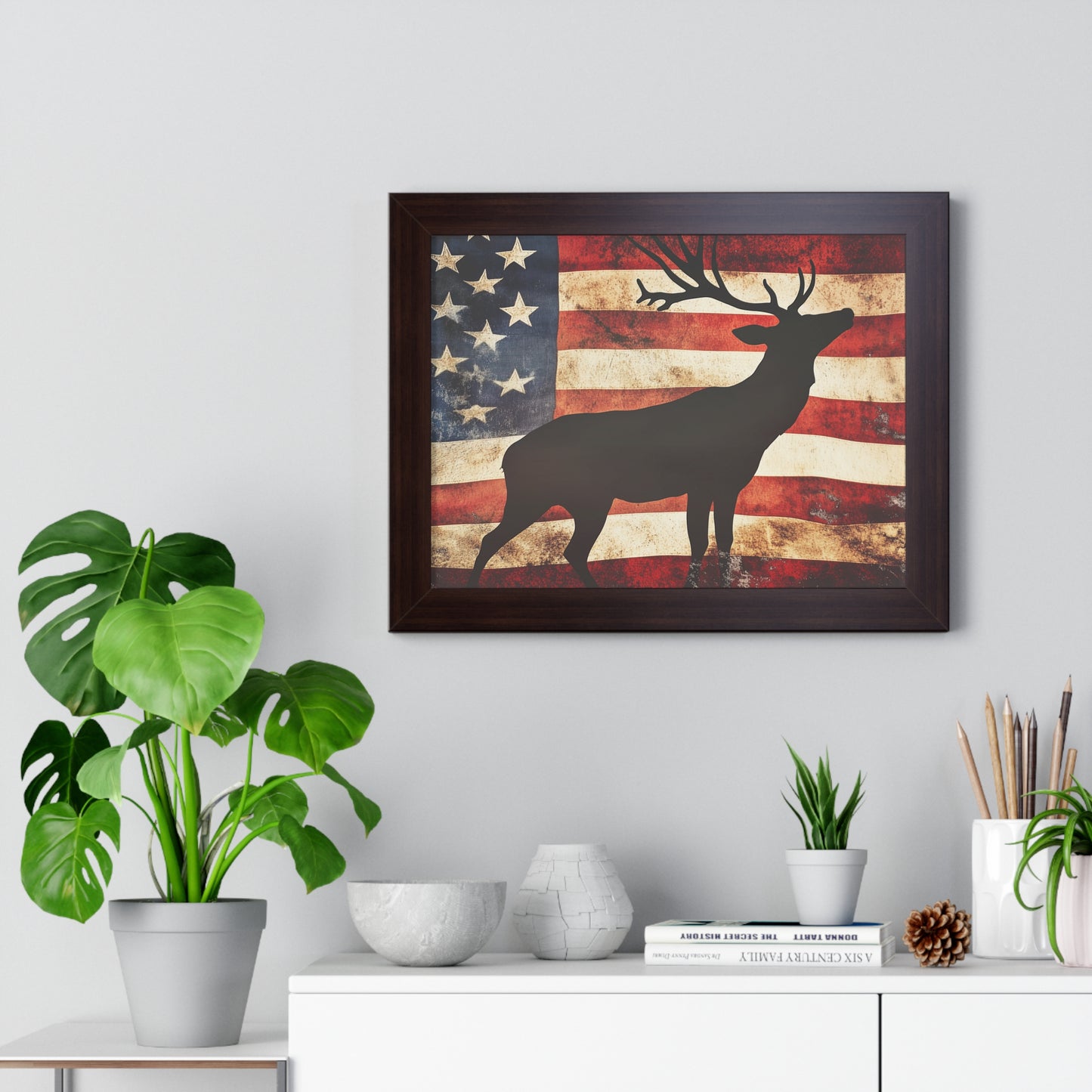 Distressed Vintage American Flag w/ Deer Silhouette Framed Horizontal Poster