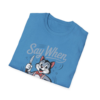 Whisker Jack Say When T-Shirt  Retro Cat Cartoon Knife Tee
