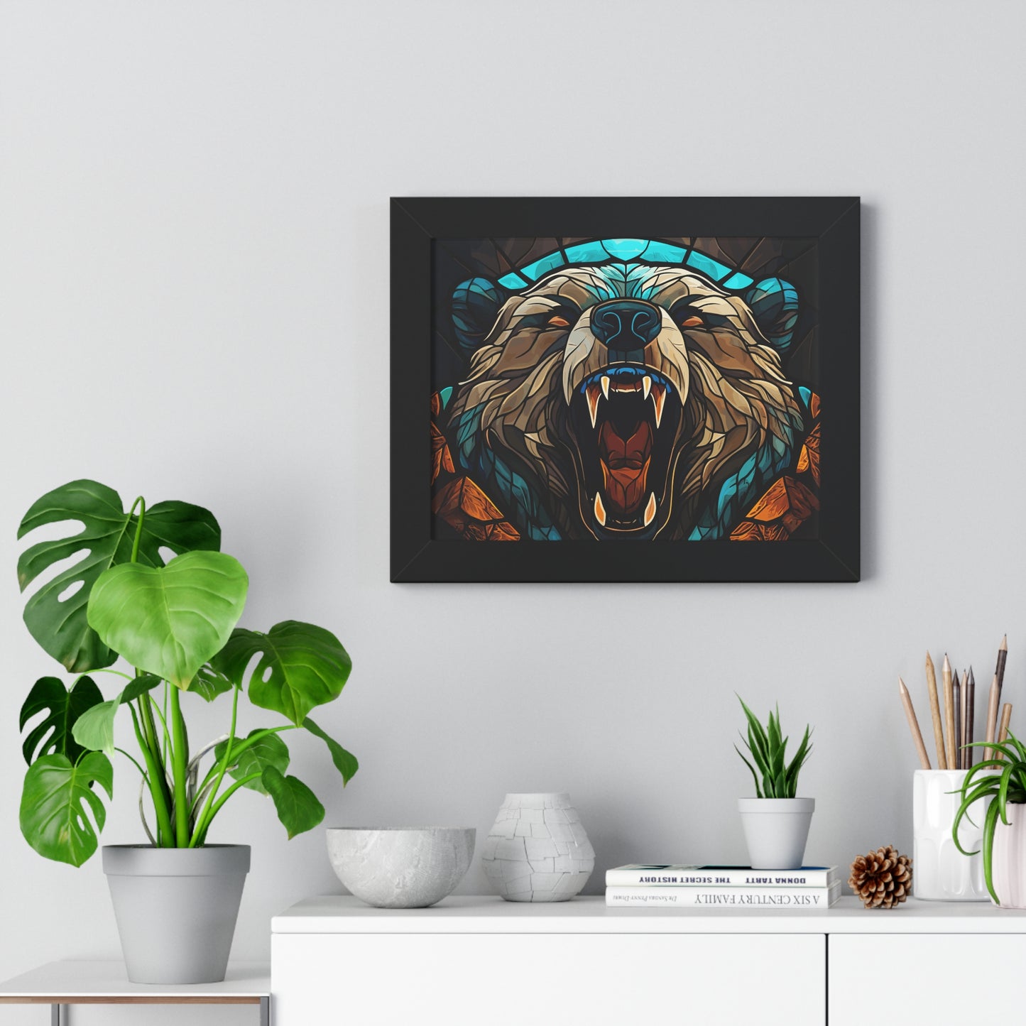 Grizzly Bear Stain Glass Theme Framed Horizontal Poster