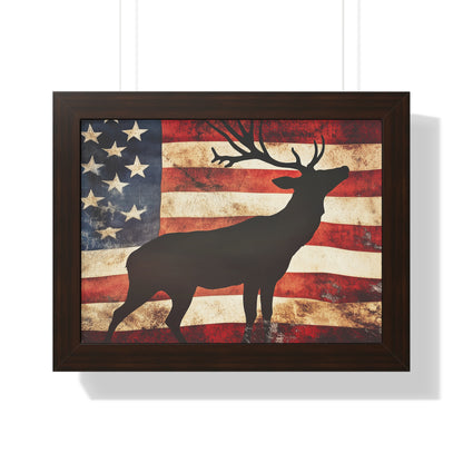 Distressed Vintage American Flag w/ Deer Silhouette Framed Horizontal Poster