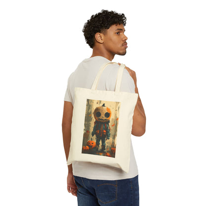 Playful Trick Or treater Pumpkin Head Cotton Canvas Tote Bag