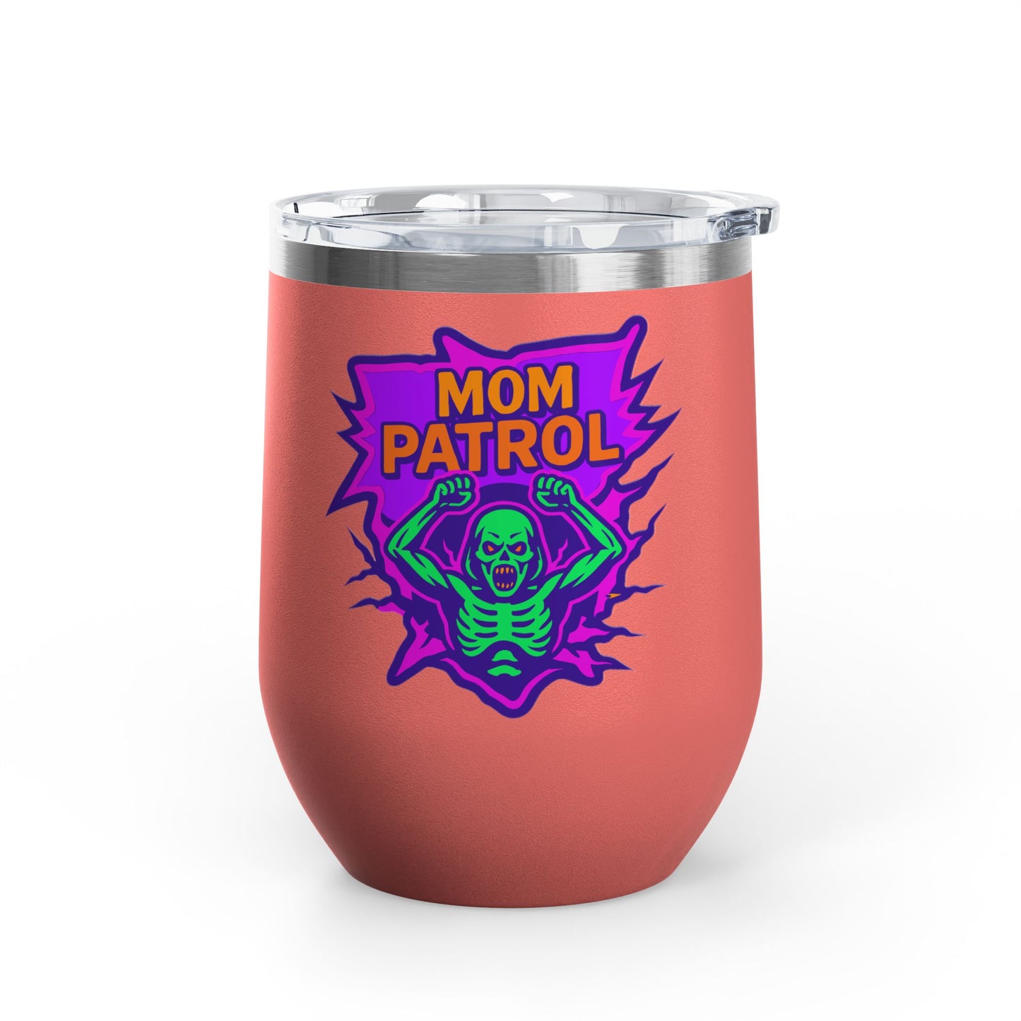 Mom Patrol Wine Tumbler | Fun Skeleton Design, Unique Gift for Moms, Halloween, Parties, Wine Lovers, Summer