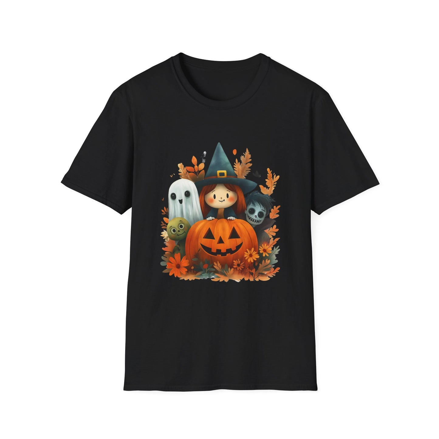 Halloween Cute Ghost, Witch, and Zombie With Pumpkin Unisex Softstyle T-Shirt