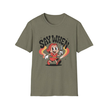 Miss Stabby Say When T-Shirt Funny Retro Cartoon Knife Girl Tee