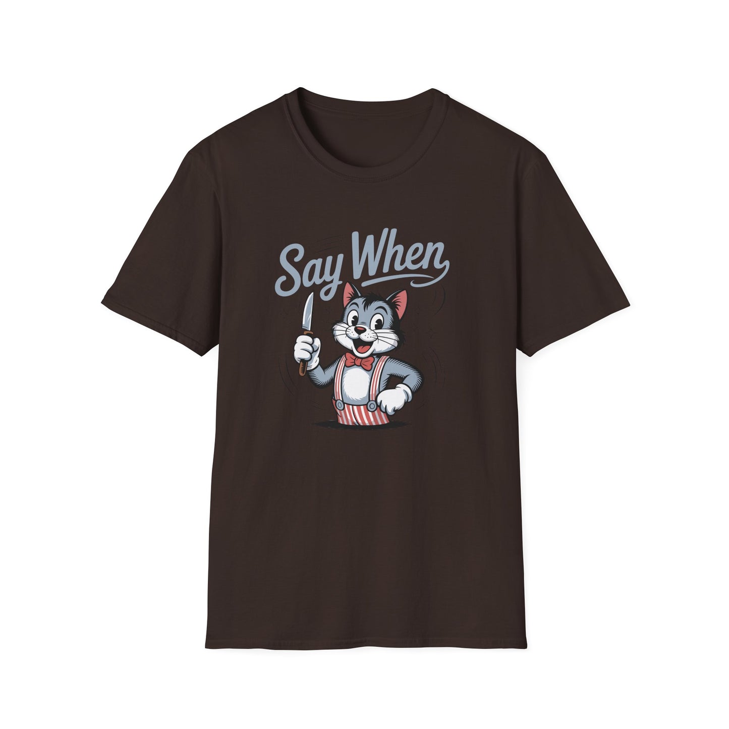 Whisker Jack Say When T-Shirt  Retro Cat Cartoon Knife Tee