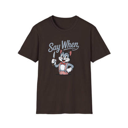 Whisker Jack Say When T-Shirt  Retro Cat Cartoon Knife Tee