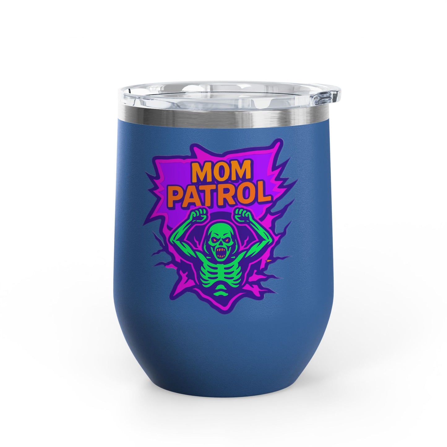 Mom Patrol Wine Tumbler | Fun Skeleton Design, Unique Gift for Moms, Halloween, Parties, Wine Lovers, Summer