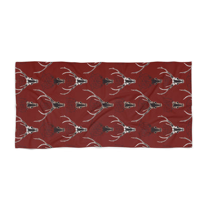 Deer Skull With Antlers Beach Towel Red