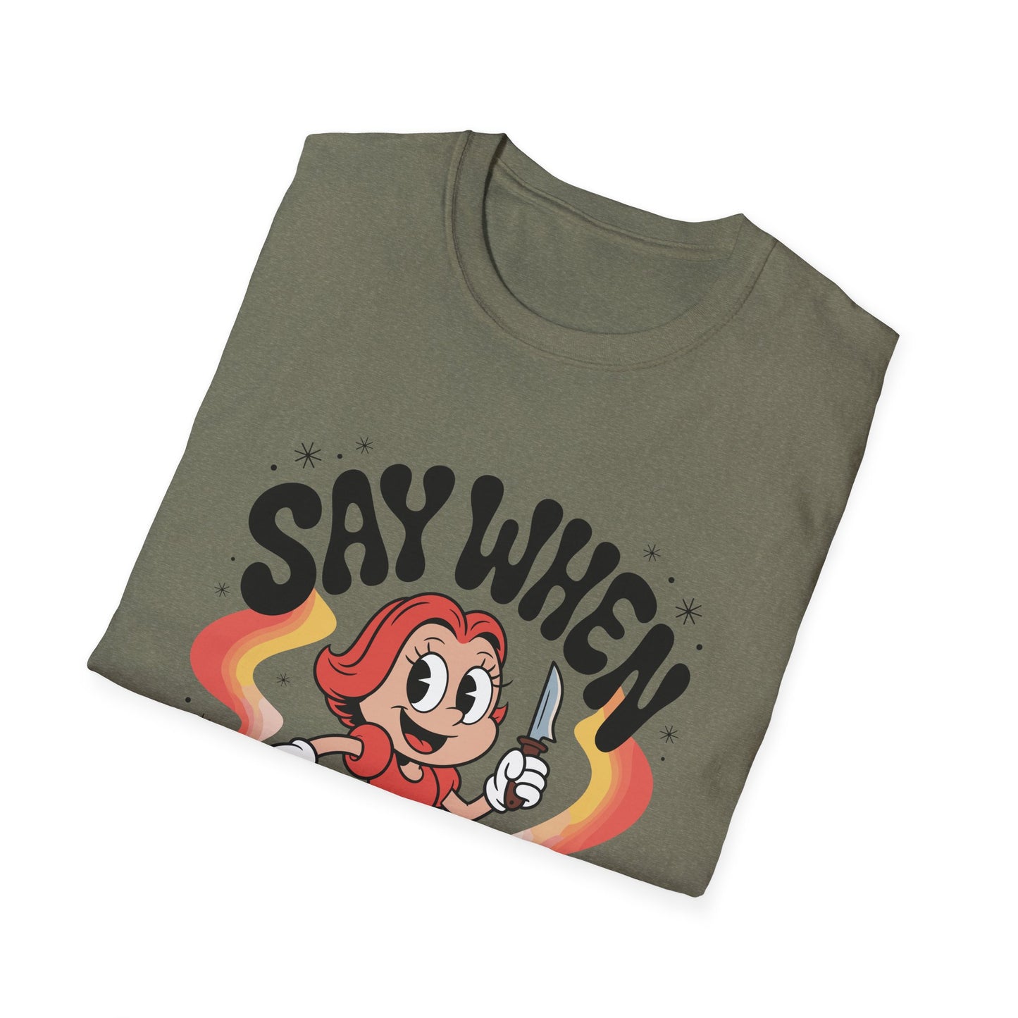 Miss Stabby Say When T-Shirt Funny Retro Cartoon Knife Girl Tee