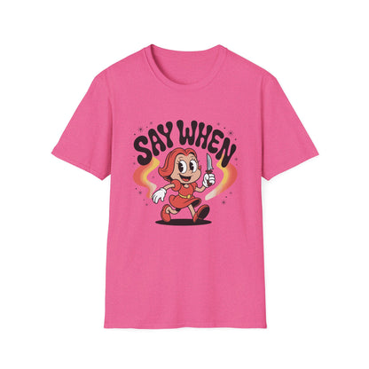 Miss Stabby Say When T-Shirt Funny Retro Cartoon Knife Girl Tee