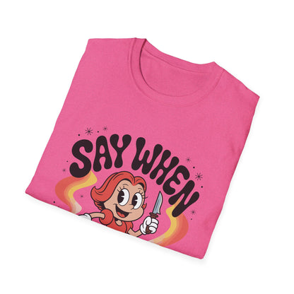 Miss Stabby Say When T-Shirt Funny Retro Cartoon Knife Girl Tee