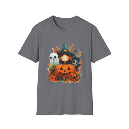 Halloween Cute Ghost, Witch, and Zombie With Pumpkin Unisex Softstyle T-Shirt