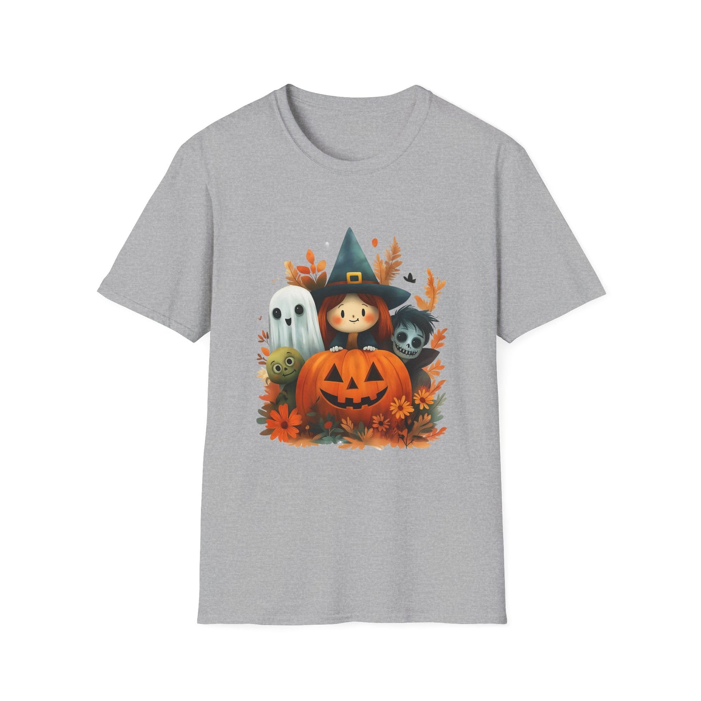 Halloween Cute Ghost, Witch, and Zombie With Pumpkin Unisex Softstyle T-Shirt