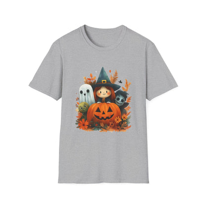 Halloween Cute Ghost, Witch, and Zombie With Pumpkin Unisex Softstyle T-Shirt