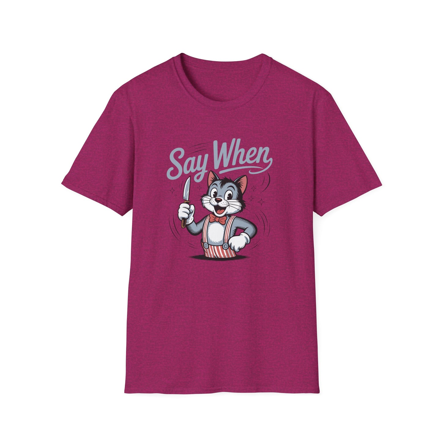 Whisker Jack Say When T-Shirt  Retro Cat Cartoon Knife Tee