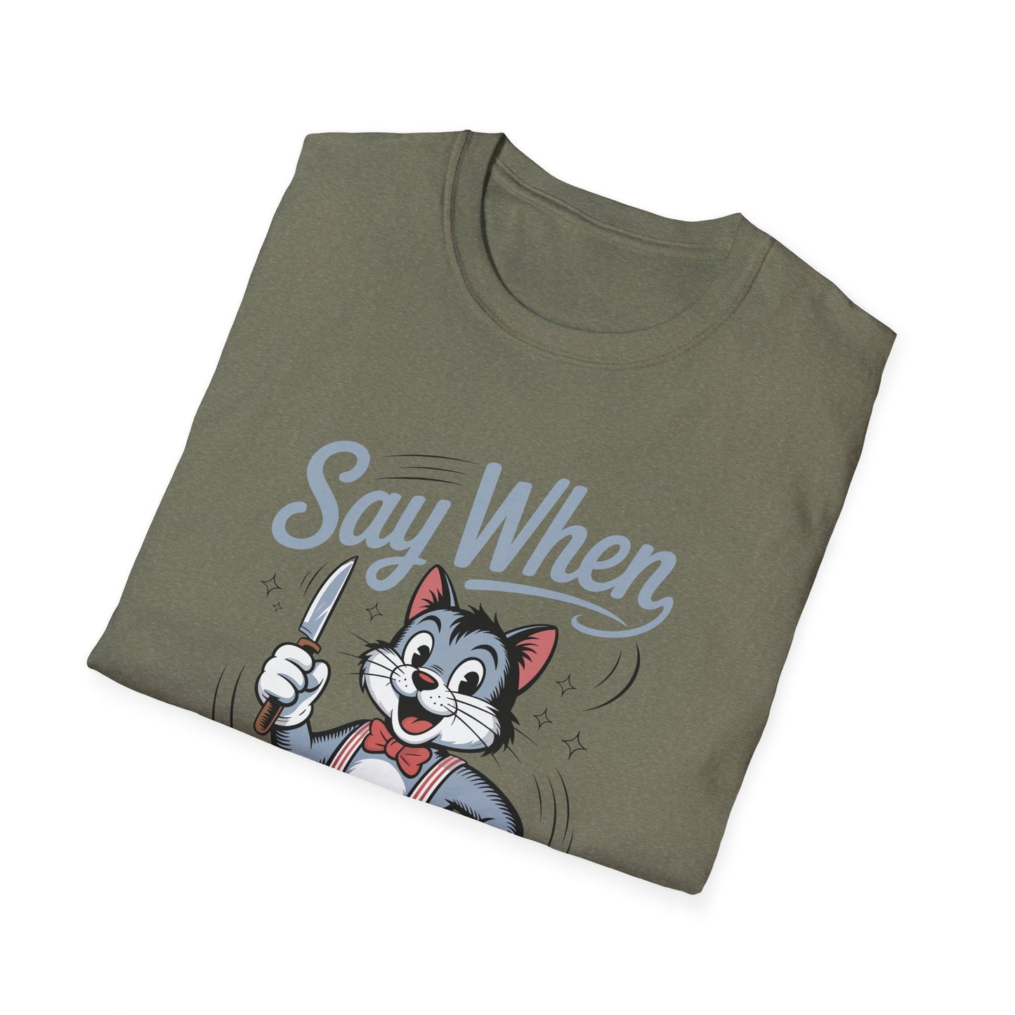 Whisker Jack Say When T-Shirt  Retro Cat Cartoon Knife Tee