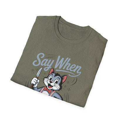 Whisker Jack Say When T-Shirt  Retro Cat Cartoon Knife Tee