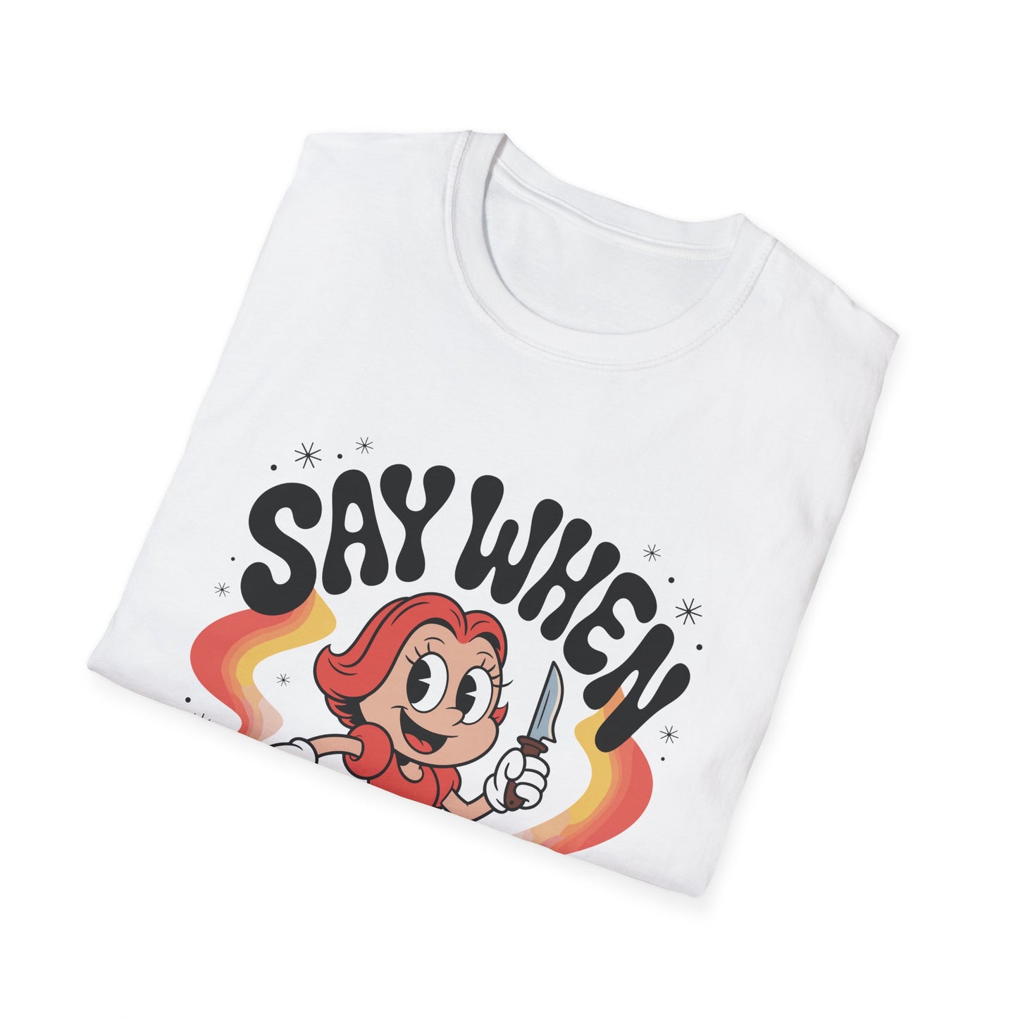 Miss Stabby Say When T-Shirt Funny Retro Cartoon Knife Girl Tee