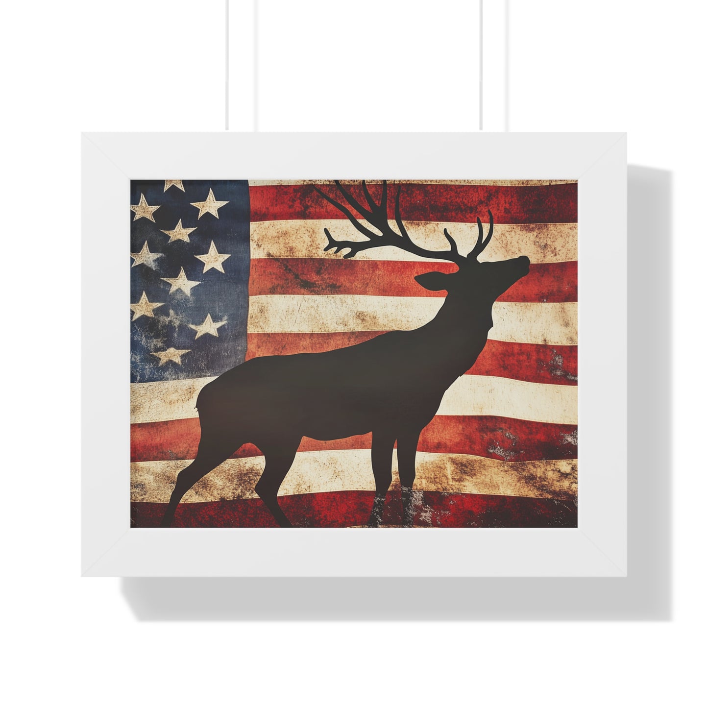 Distressed Vintage American Flag w/ Deer Silhouette Framed Horizontal Poster