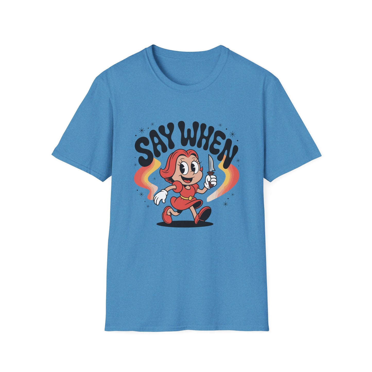 Miss Stabby Say When T-Shirt Funny Retro Cartoon Knife Girl Tee