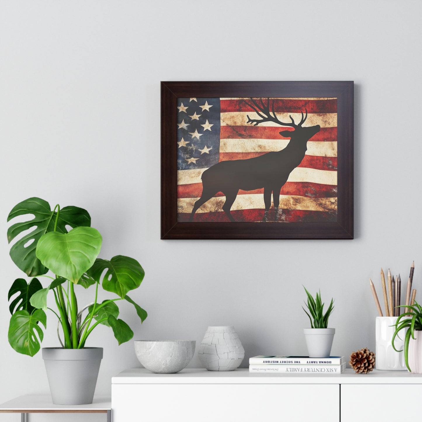 Distressed Vintage American Flag w/ Deer Silhouette Framed Horizontal Poster