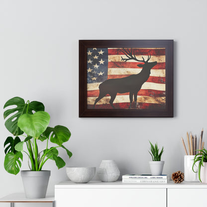 Distressed Vintage American Flag w/ Deer Silhouette Framed Horizontal Poster