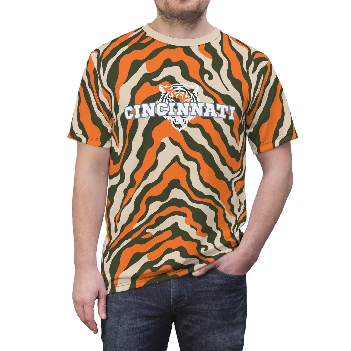 Cincinnati Fan Tiger Stripe Football Khaki Unisex Cut & Sew Tee