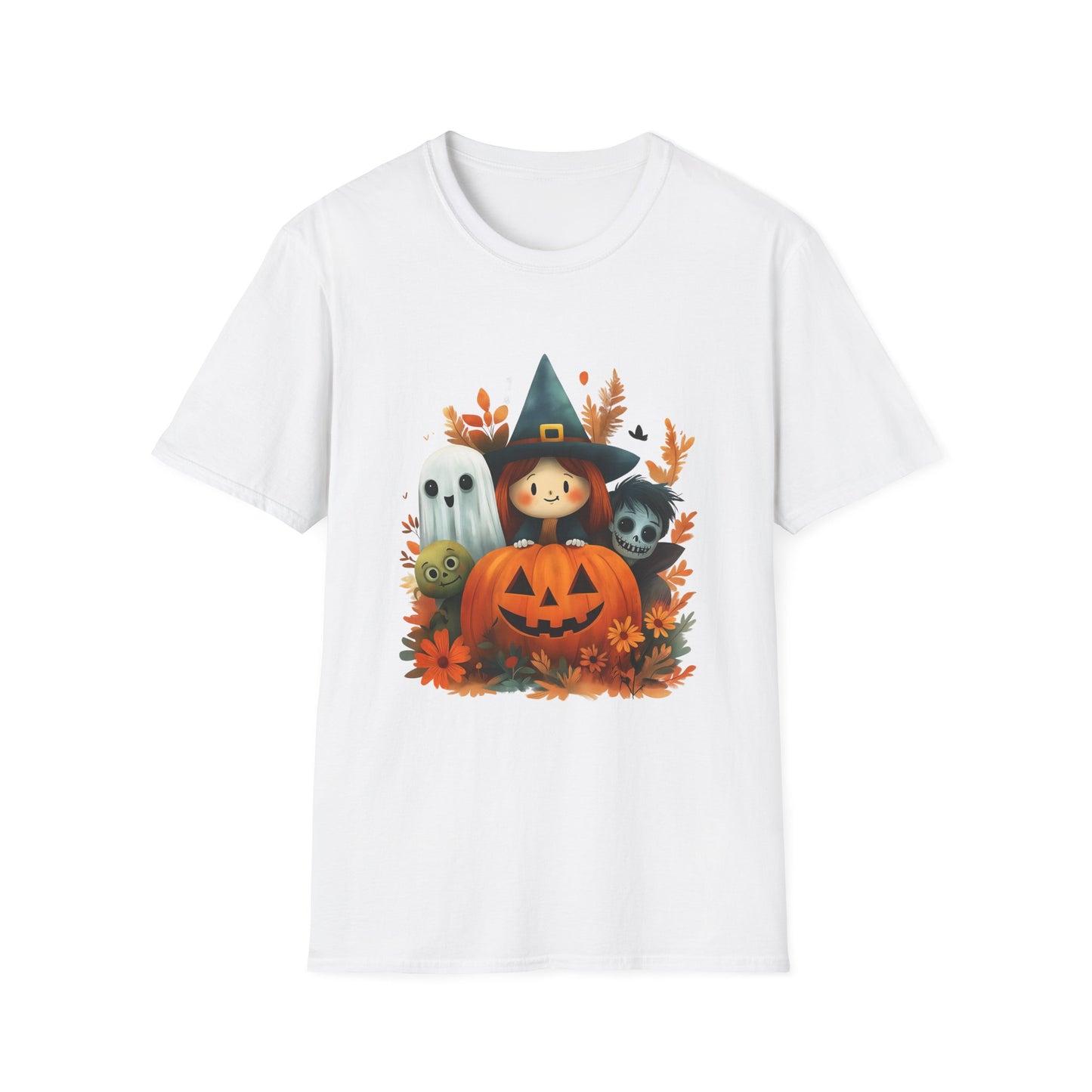 Halloween Cute Ghost, Witch, and Zombie With Pumpkin Unisex Softstyle T-Shirt