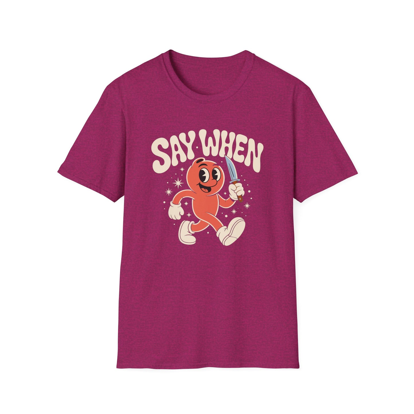 Stabby McPeachface Say When T-Shirt  Funny Retro Cartoon Knife Character