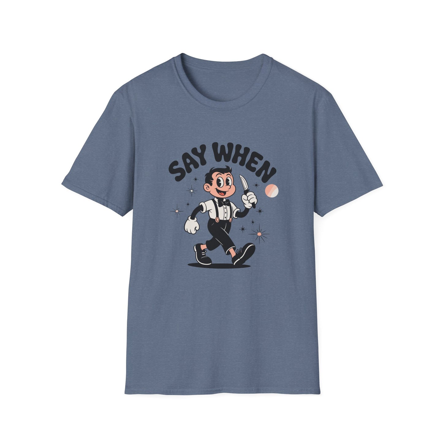 Tiptoe Tony Say When T-Shirt Retro Funny Cartoon Knife Tee