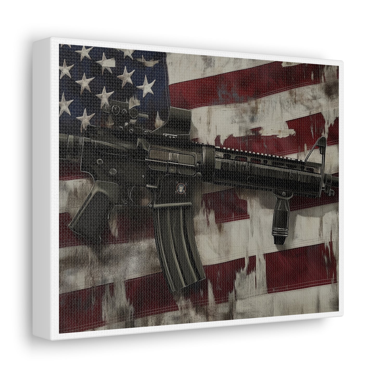 AR Style Rifle with Distressed Vintage American Flag Canvas (No Frame)