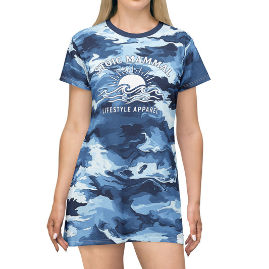 Sun & Surf Stoic Mammal T-Shirt Dress – Nautical Camo for Beach, Boating & Summer Vibes